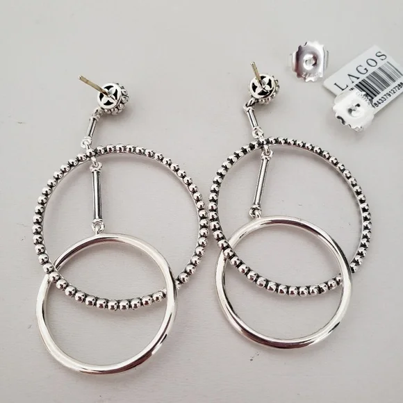 LAGOS Signature Caviar Sterling Silver Double Circle Drop Earrings - Picture 8 of 13